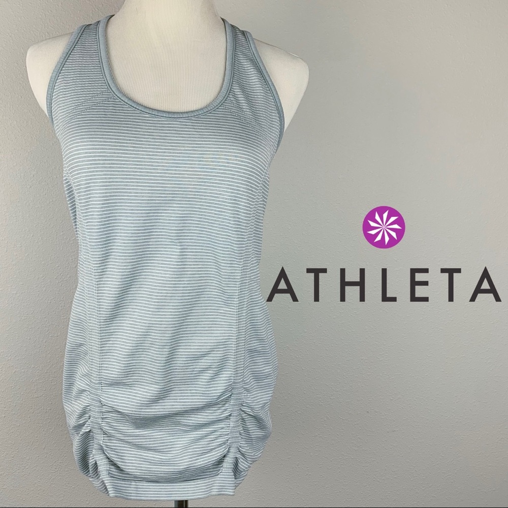 Athleta Fastest Track Tank Grey White Striped Ruched Racerback Top Size M 213922
